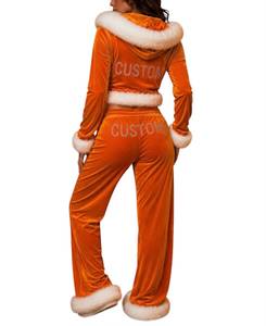 Orange Velvet Hooded Breathable Tracksuit Two Piece Jogger Set with White <b>Fur</b> <b>Trim</b> Zip up Crop <b>Top</b> Winter - Product Image 2