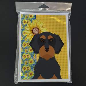 Summer Sunflowers Wirehair Black Tan Teckel Cartes de vœux Pack 8 Whimsical A7 Taille 5x7 Cartes vierges avec enveloppes - Product Image 3