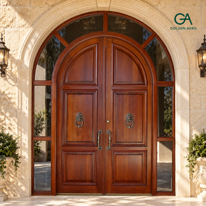 Puerta Doble de Madera Sólida de Estilo Europeo con Entrada Arqueada y Paneles Laterales de Vidrio para Exterior de Apartamento GA-39S - Product Image 1
