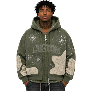Sweat à capuche zippé double couche en strass pour homme, avec intérieur tricoté patchwork personnalisé, coupe oversize, style streetwear Y2K, mode hiver - Product Image 1