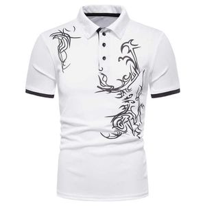Men's <b>White</b> Short Sleeve <b>Polo</b> Shirt With Black Tribal Print Contrast Trim Slim Fit Casual Poplin T-Shirt - Product Image 1