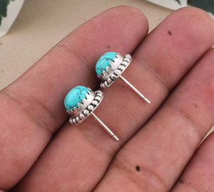 Boucles d'oreilles pendantes en turquoise naturelle, argent sterling 925, cabochon goutte d'eau, bordure perlée, bijoux faits à la main, cadeau de luxe - Product Image 4