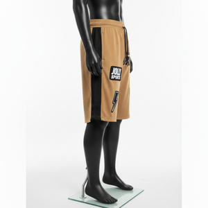 Pantalones Cortos de Baloncesto de Felpa de Algodón Premium de 320 GSM con Lavado Ácido, Color Beige Arena, Parche de Chenilla, Logotipo Personalizado - Product Image 3
