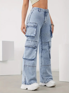 Vaqueros Cargo de Mezclilla Azul Lavado Holgados y Estilizados para Mujer, con Botones, de Corte Recto, para Uso Casual, en Venta, Servicio OEM - Product Image 3