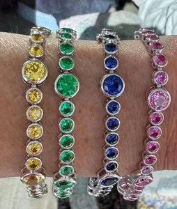 Silver Plated Alloy Chain <b>Bracelets</b> Diamond Bezel Set Vintage Style Unisex Party Jewelry Yellow Green Blue Pink Colors - Product Image 1