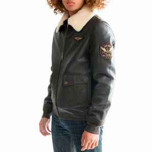 Blouson aviateur vintage en cuir véritable pour homme avec col en fourrure de mouton amovible et patchs brodés - Product Image 2