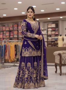 Designer Bridal Wear Party Wear Zari And Sequence Embroidery Work Faux Georgette <b>Top</b> With Bottom And Dupatta Ready To Wear Set - Product Image 4