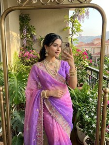 Very Soft elegant Rich look fandy <b>satin</b> padding fabric with beautiful thread work border Paired with fully stitched embroidery - Product Image 3