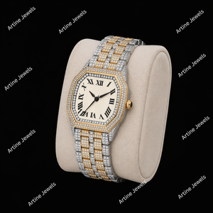 Reloj octogonal de dos tonos con diamantes incrustados, esfera con números romanos, pulsera de lujo en plata y oro, reloj de moda para hombre. - Product Image 2