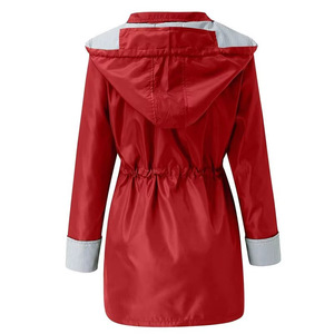 Women Hooded <b>Rain</b> <b>Jacket</b> Drawstring Waist Striped Lined Waterproof Mid Length Outdoor Ladies Coat Navy Red Olive Raincoat - Product Image 4