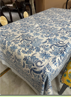 Nappe rectangulaire en coton imprimé floral bleu classique, lavable, décoration d'intérieur