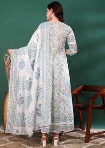 Kurta blanca de algodón con estampado floral para mujer, corte en A, con dupatta, cuello redondo, mangas tres cuartos, con lentejuelas, largo hasta la pantorrilla, estilo étnico. - Product Image 3