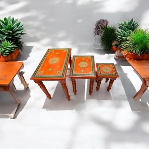 Handmade Durable Multi-Functional Wooden <b>Nesting</b> <b>Tables</b> Set 3 Rectangle Bohemian Style Side Accent <b>Tables</b> Floral Pattern Decor - Product Image 1