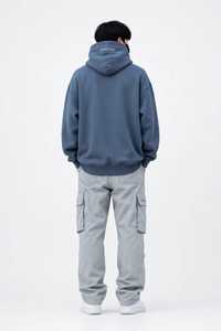 Oneten Apparel <b>Men's</b> Blue Gray Solid Knitted Pullover <b>Hoodie</b> Hooded Sweatshirt Regular Sleeve Autumn Eco-friendly Front Logo - Product Image 2