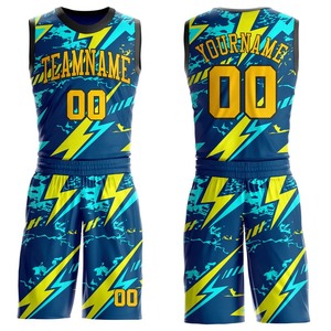 Ensemble de maillots de basket-ball sublimés personnalisés, vert jaune, imprimé éclair, nom de l'équipe, numéro 00, unisexe, adulte, maille respirante - Product Image 3
