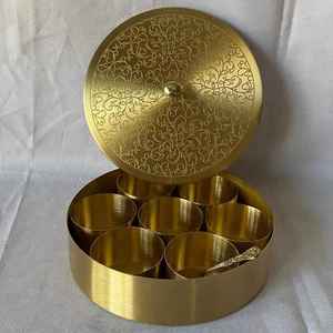 Traditional <b>Herb</b> & Spice Storage Organizer Kitchen Use Golden Metal Masala Dabba Spice <b>Box</b> with Mandala Lid Seven Containers - Product Image 6