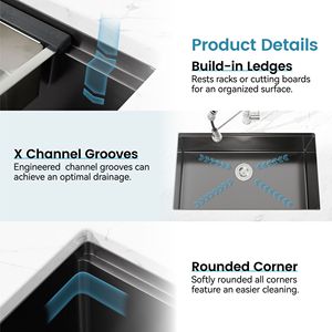 Lavello da cucina artigianale in acciaio inox a vasca singola da 76x48 cm, da incasso, con tagliere e scolapiatti, nero (non disponibile per la spedizione) - Product Image 3