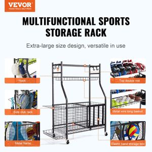 Organizador de equipos deportivos de acero negro, carro de almacenamiento para garaje interior/exterior, estante de baloncesto con bola rodante, cestas, ganchos, 2 almacenamientos - Product Image 2