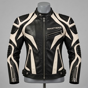 Veste de moto en cuir noir crème pour homme, épaulettes rembourrées, fermeture éclair asymétrique, veste de motard, plusieurs poches, personnalisable - Product Image 3