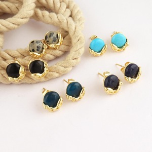 Natural dalmatian jasper round studs <b>earring</b> 18k <b>gold</b> plated solid brass push <b>back</b> closure jewelry for women partywear gifts - Product Image 2