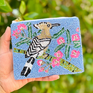 Monedero con Cuentas y Bordado de Pájaro, Bolsa Decorativa Floral, Bolso de Mano con Lentejuelas Azules, Cierre de Cremallera, Forro de Algodón Rectangular, Gran Capacidad - Product Image 4