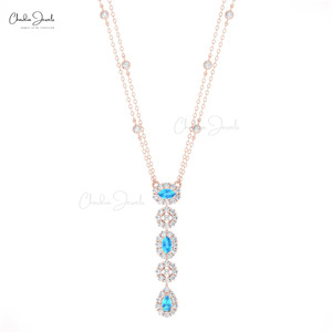 Collar de moda con topacio azul suizo de 0.63 CT y halo de diamantes con cadena larga de oro sólido de 14k para mujer, ideal para regalo. - Product Image 1