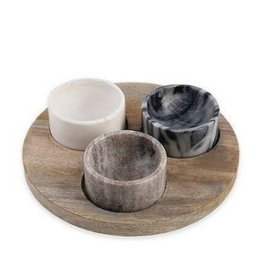 Natural Marble Bowl Set with Wooden Base Three Cup Condiment Server Modern Serving Set Salt <b>Spice</b> Holder Luxury Tabletop Kitchen - Product Image 2