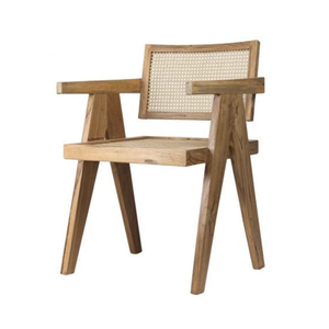 Fauteuil de salle à manger en teck naturel et rotin tressé, au design architectural Mid-Century Modern. - Product Image 2
