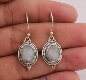 Natural Rainbow Moonstone <b>Earrings</b> 925 Sterling <b>Silver</b> Vintage Victorian Style Blue Fire Moonstone <b>Dangle</b> <b>Earrings</b> Wholesale - Product Image 1