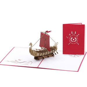 Carte de vœux 3D pop-up, thème viking, navire longue de type Viking, carte artisanale avec enveloppe, navire de guerre viking ancien, carte de vœux 3D artisanale - Product Image 1