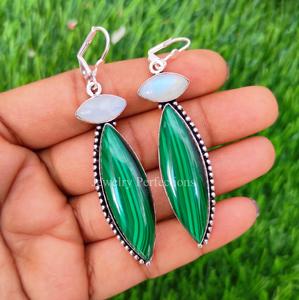 New Trendy Malachite Moonstone <b>Silver</b> Plated <b>Clip</b>-on Earrings Women's Jewelry Handmade Brass Wedding Third Party Appraisal - Product Image 1