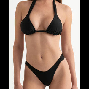 Conjunto de Bikini Negro para Mujer, Top Triangular con Tirantes, Braguita Tipo Tanga, Color Sólido, Traje de Baño Elástico de 2 Piezas, Ropa de Playa - Product Image 2