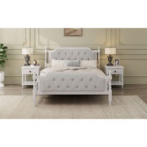 Cadre de lit en bois massif de style traditionnel blanc antique avec tête de lit rembourrée tuftée sans sommier - Product Image 2