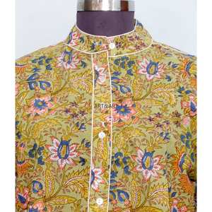 Chemisier en coton imprimé floral décontracté style doux, manches courtes bouffantes, col rond, écologique, séchage rapide, boutonné, pour femme - Product Image 3