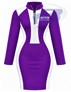 ชุดเดรสทรงเข้ารูปสีม่วงขาวแบบคัลเลอร์บล็อกสำหรับผู้หญิง NCNW Sorority แขนยาว ซิปครึ่งตัว ไซส์พลัส ทรงเข้ารูป สไตล์ลำลอง - Product Image 1