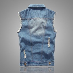 Mens Slim Fit Denim Vest Stylish 100% Cotton Waistcoat Custom <b>Washed</b> And Distressed Design Men's Denim Vest For Sale - Product Image 3