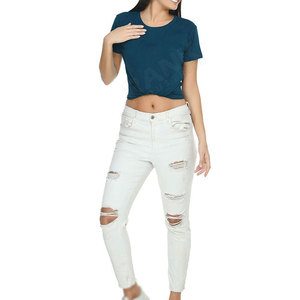 T-shirt court en coton uni à col rond et manches courtes pour femme, coupe ajustée, style décontracté, tissu jersey respirant, idéal printemps-été - Product Image 4