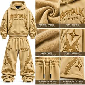 Ensemble de survêtement unisexe avec sweat à capuche et pantalon, motif étoile dorée en relief, streetwear, coupe ample longueur intégrale, automne - Product Image 6