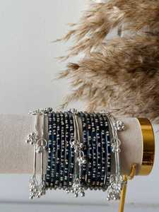 Premium <b>Gold</b> Plated Trendy Multi-Tone Glass & Pearl <b>Bangle</b> <b>Set</b> Ombre Finish Glitter Accents Traditional Wedding Wholesale Bulk - Product Image 5