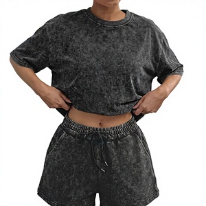 Washed 2pcs Set Women's Loose Short-Sleeve Top Elastic Waist Drawstring Shorts Vintage Street Style Casual Loungewear Summer - Product Image 1