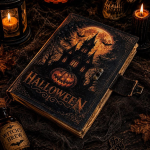 Journal en cuir vintage d'Halloween avec serrure, Grimoire de la maison hantée, Papier antique à bords festonnés, Livre des ombres gothique à thème citrouille - Product Image 6