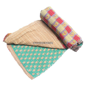 Authentic Vintage Kantha <b>Quilts</b> 100% Cotton Reversible Handmade Washable Heavy <b>Throw</b> Indian Sari Blanket From Rajasthan - Product Image 1