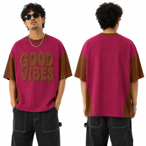 Camiseta Oversize para Hombre, Color Rojo Marrón con Bloques de Color, Estampado con Letras 'Good Vibes' en Relieve, Manga Corta, Cuello Redondo, Estilo Casual Tejido - Product Image 2