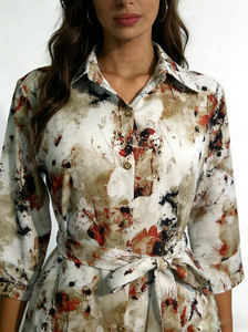 Robe chemise trapèze en satin de polyester à imprimé aquarelle pour femme - Manches 3/4, ceinture à nouer, longueur genou, décontractée, écologique - Product Image 6