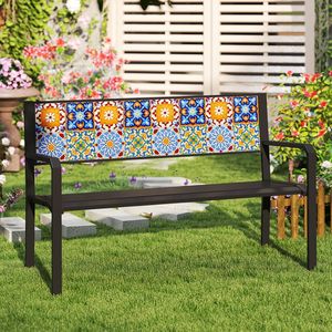 Panca da Patio in Metallo con Schienale a Mosaico per 2-3 Persone, 50 Pollici, con Listelli - Product Image 1