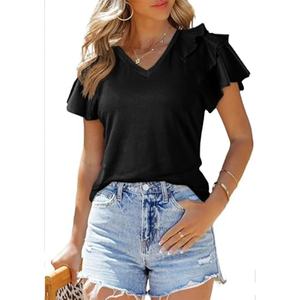 210g algodón peinado mujer Casual Ruffle Petal manga corta Tops lindo Color sólido Camisetas cuello redondo blusas - Product Image 4
