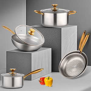 Premium Titanium Cookware Set 8pcs Healthy Non-toxic Uncoated Soup Milk Frying Pan Set with Gold Plated Handles - Product Image 1