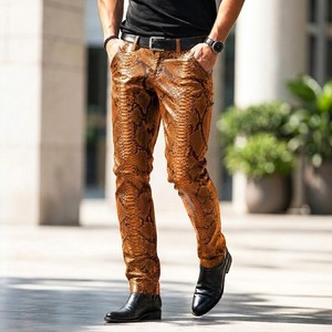 Pantalon en cuir léger pour homme, motif peau de serpent exotique, taille haute, coupe slim, respirant, décontracté - Product Image 2