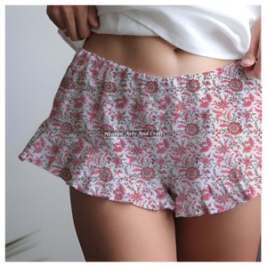 Shorts à volants imprimés fleuris en coton pur, faits à la main, imprimés à la main, pour la nuit et l'été - Product Image 3