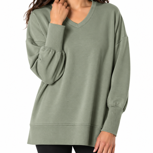 <b>Women's</b> Oversized <b>V</b>-<b>Neck</b> Streetwear Eco-Friendly <b>Sweatshirt</b> Long Sleeve Solid Color Knitted Modal Drop-Shoulder Autumn Wear - Product Image 1